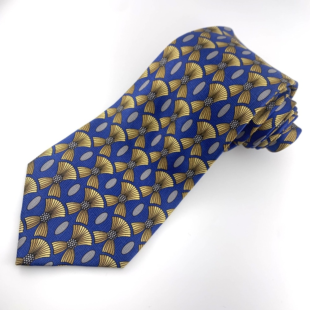 Burberry Mens Tie Gold & Blue Floral‎ Design 100% Silk Luxury Necktie